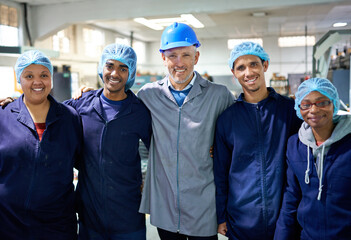 Workers, smile and portrait in factory for production process, industry and manufacturing for...