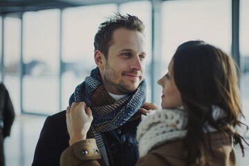 woman tying a scarf around mans neck before he boards - obrazy, fototapety, plakaty