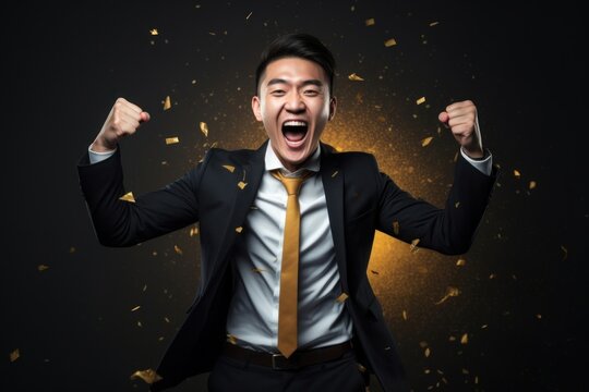 Happy young asian man shouting success adult.