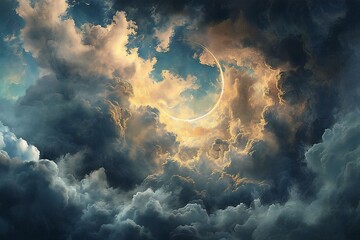 Fantasy cloudy sky with sun and moon - obrazy, fototapety, plakaty