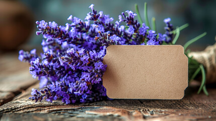 A beautiful bouquet of lavender on the wooden table and a note card