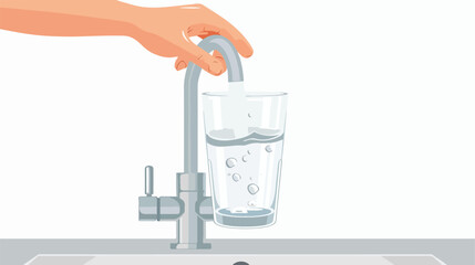 Hand pouring a glass of water from filter tap.. flat vector