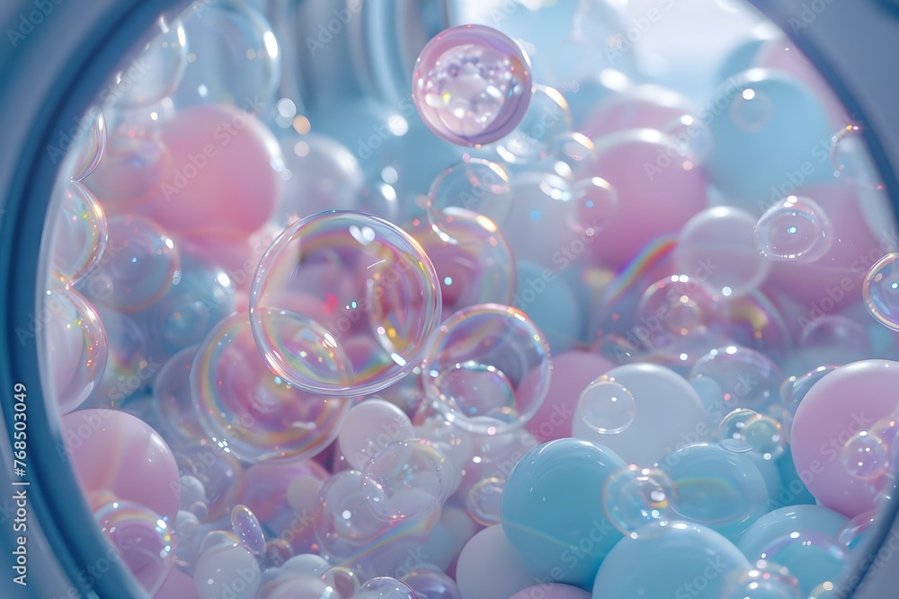 Poster ai-generated simulation: colorful bubbles in a realistic washing machine. concept simulation design,