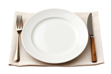 A white plate is placed on a table, accompanied by a knife and fork. The utensils are neatly arranged beside the plate, ready for a meal to be eaten. Isolated on a Transparent Background PNG.