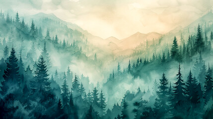 A beautiful foggy forest landscape in watercolors - obrazy, fototapety, plakaty