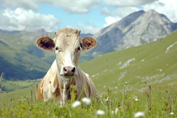 Cow on the alpine meadow with camomiles and mountains in the background - obrazy, fototapety, plakaty