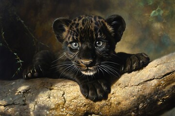 Portrait of a leopard cub on a rock,  Studio shot - obrazy, fototapety, plakaty