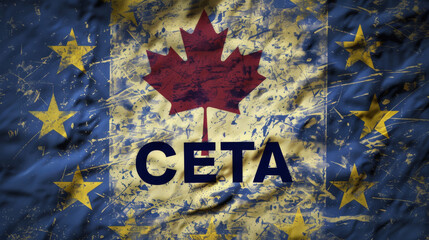 CETA illustration , the Comprehensive Economic and Trade Agreement between EU and Canada with European Union and Canada flag and written CETA in middle - obrazy, fototapety, plakaty