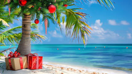 Christmas in southern hemisphere with a palm tree with christmas decorations and gift boxes on tropical beach with white sand and beautiful blue sea view and copy space - obrazy, fototapety, plakaty