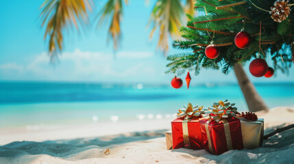 Christmas in southern hemisphere with a palm tree with christmas decorations and gift boxes on tropical beach with white sand and beautiful blue sea view and copy space