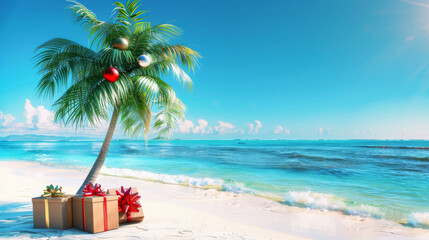 Obraz premium Christmas in southern hemisphere with a palm tree with christmas decorations and gift boxes on tropical beach with white sand and beautiful blue sea view and copy space