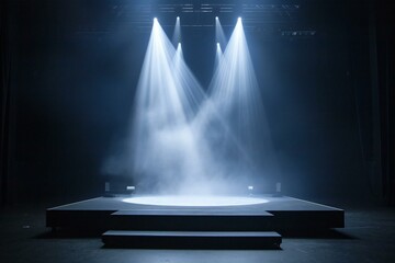 Stage lighting effect in the dark with smoke and spotlights on stage