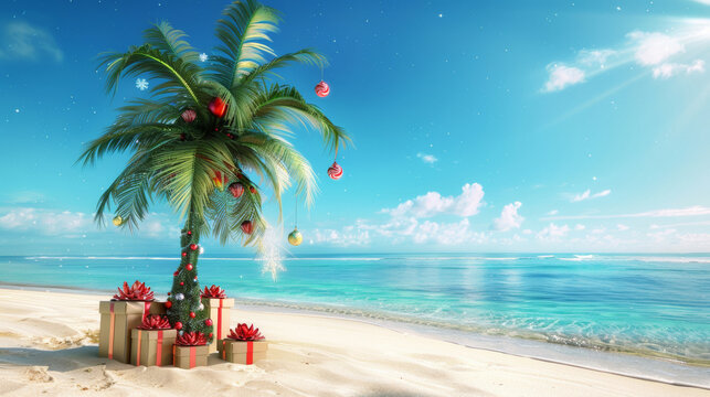 Christmas in southern hemisphere with a palm tree with christmas decorations and gift boxes on tropical beach with white sand and beautiful blue sea view and copy space