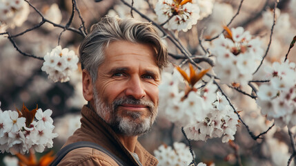 Portrait of an handsome European man posing in front of a blooming cherry tree , close-up view of a cheerful beautiful Caucasian white middle aged male in an outdoor park - Powered by Adobe