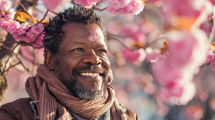 Portrait of an handsome black Afro American man posing in front of a blooming cherry tree , close-up view of a cheerful beautiful African black middle aged male in an outdoor park - Powered by Adobe