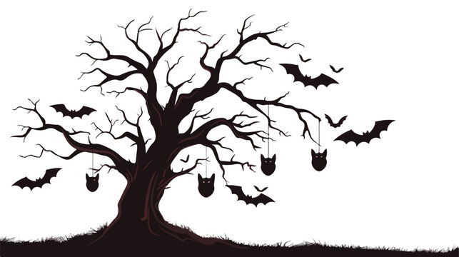 Isolated dark silhouette of withered tree with bats ha