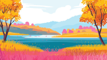 Fototapeta na wymiar Landscape lake and sky YELLOW trees and pink grass flat