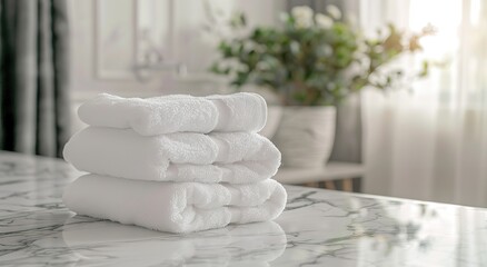 Fototapeta na wymiar Close up of white towels on marble bathroom counter with blurred background, space for product display or montage. Interior design of modern spa salon in the style of an interior designer