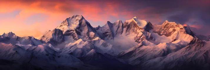 Crédence de cuisine en verre imprimé Aubergine Serene Sunset over Snow-Covered Peaks: A Majestic Display of Nature's Splendor