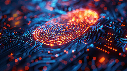 Future digital processing of technology biometric fingerprint scanner, concept of digital program monitoring and security scanning