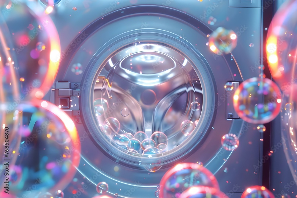 Poster vibrant bubbles in a realistic washing machine setting enhanced by ai technology. concept bubbles in
