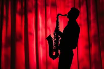 saxophonist silhouette against red curtain - 768504829