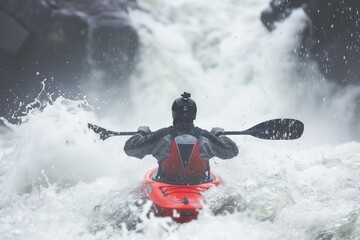 Fototapeta premium dynamic rear shot of a kayaker propelling through frothy rapids