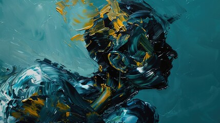 Bold, gestural strokes of oil paint intertwining to form abstract figures that seem to pulsate with...