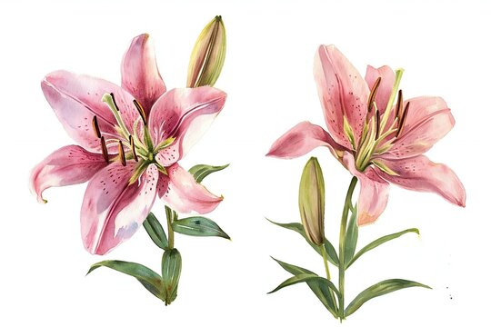 Watercolor pink lily flowers on a white background,  Illustration