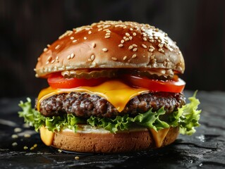 Isolated cheeseburger on black background with sesame seed bun, lettuce, and tomato