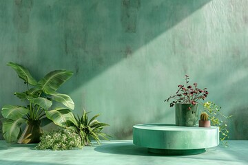 Minimalist green living room interior design with plant pot on turquoise wall background