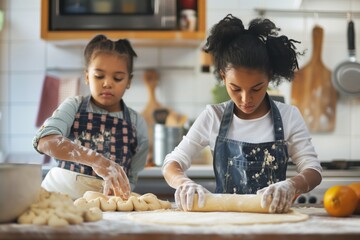 mother rolling dough with child beside her, both in aprons - obrazy, fototapety, plakaty