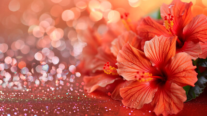 Hawaiian hibiscus flowers with glitter bokeh background. Copy space.