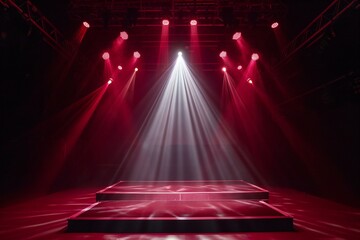 Stage Spotlight with red carpet and spotlights, Stage Podium Scene with for Award Ceremony - obrazy, fototapety, plakaty