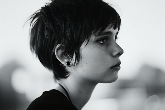 Portrait of beautiful girl with short hair, black and white photo