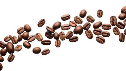 Perfectly roasted coffee beans moving in a curve on an isolated background