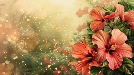 Obraz na płótnie Canvas Hawaiian hibiscus flowers with glitter bokeh background. Copy space.