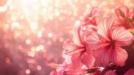 Hawaiian hibiscus flowers with glitter bokeh background. Copy space.