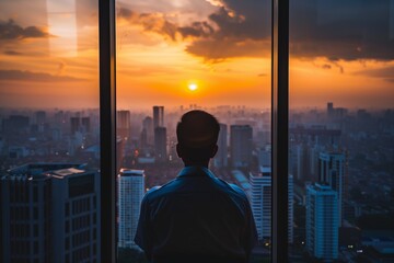 Fototapeta premium man looking at cityscape from office during sunset