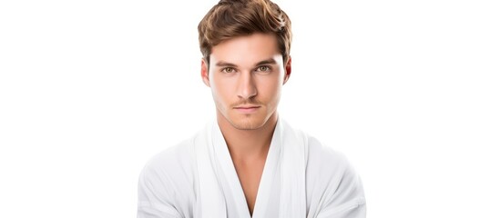 A young man in a white bathrobe holding a cup of tea and looking at the camera, with a towel draped around his neck, isolated on a white background.