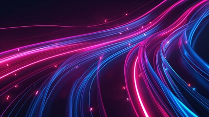 A vibrant abstract background with flowing neon pink and blue light waves and glowing particles.