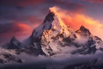 Wandcirkels plexiglas Serene Sunset over Snow-Covered Peaks: A Majestic Display of Nature's Splendor © Marguerite