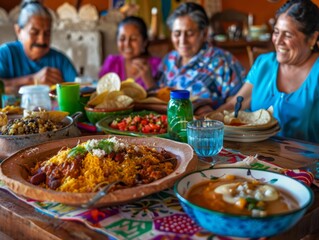  family-oriented scene with a diverse group of people sharing a meal together outdoors, in a setting that resembles a Thanksgiving picnic, complete with a variety 