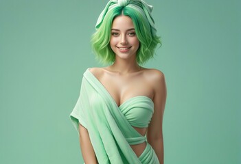 Beautiful young woman with green hair and turban on her head - obrazy, fototapety, plakaty
