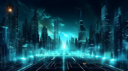 Obraz premium Digital technology building light beams city abstract graphic poster web page PPT background