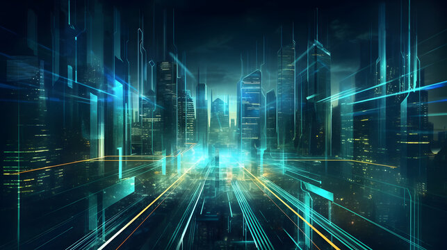 Digital technology building light beams city abstract graphic poster web page PPT background