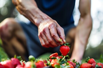 fitness trainer selecting strawberries from a fruit heap