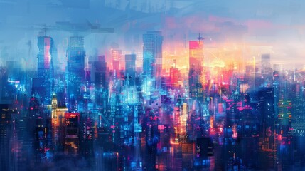 abstract and colorful cityscape at night, showcasing a vibrant blend of skyscrapers and urban scenery with elements reminiscent of Hong Kong and Manhattan, accented by a spectrum