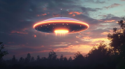 A glowing unidentified flying object hovers above a woodland area during twilight.