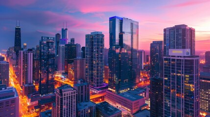Fototapeta premium Dramatic sunset paints the sky above a dense urban landscape of skyscrapers